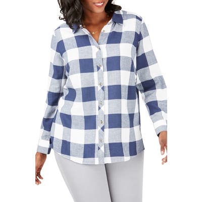 Plus Size Foxcroft Rhea Buffalo Check Brushed Cotton Blend Shirt, Blue