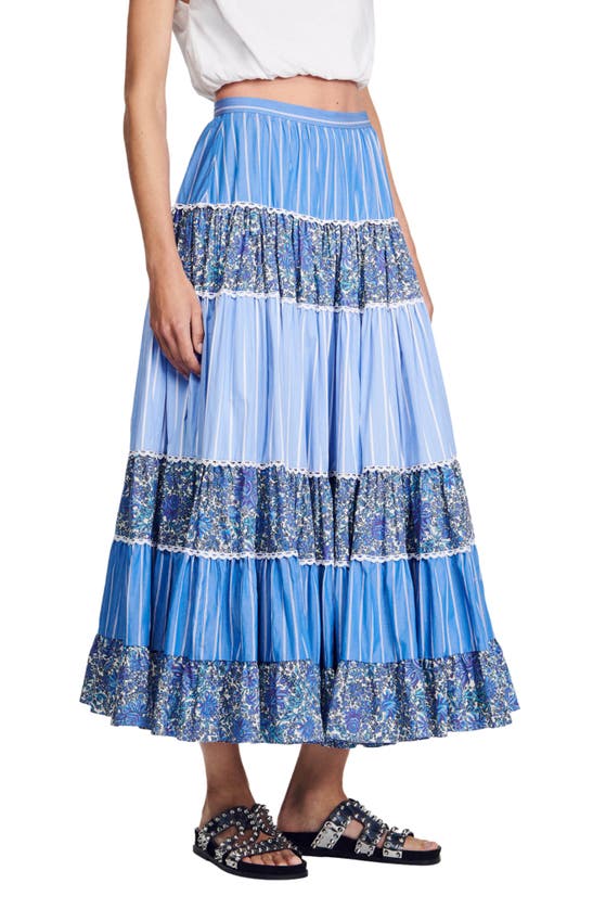 Shop Sandro Mixed Print Tiered Cotton Skirt In Blue White
