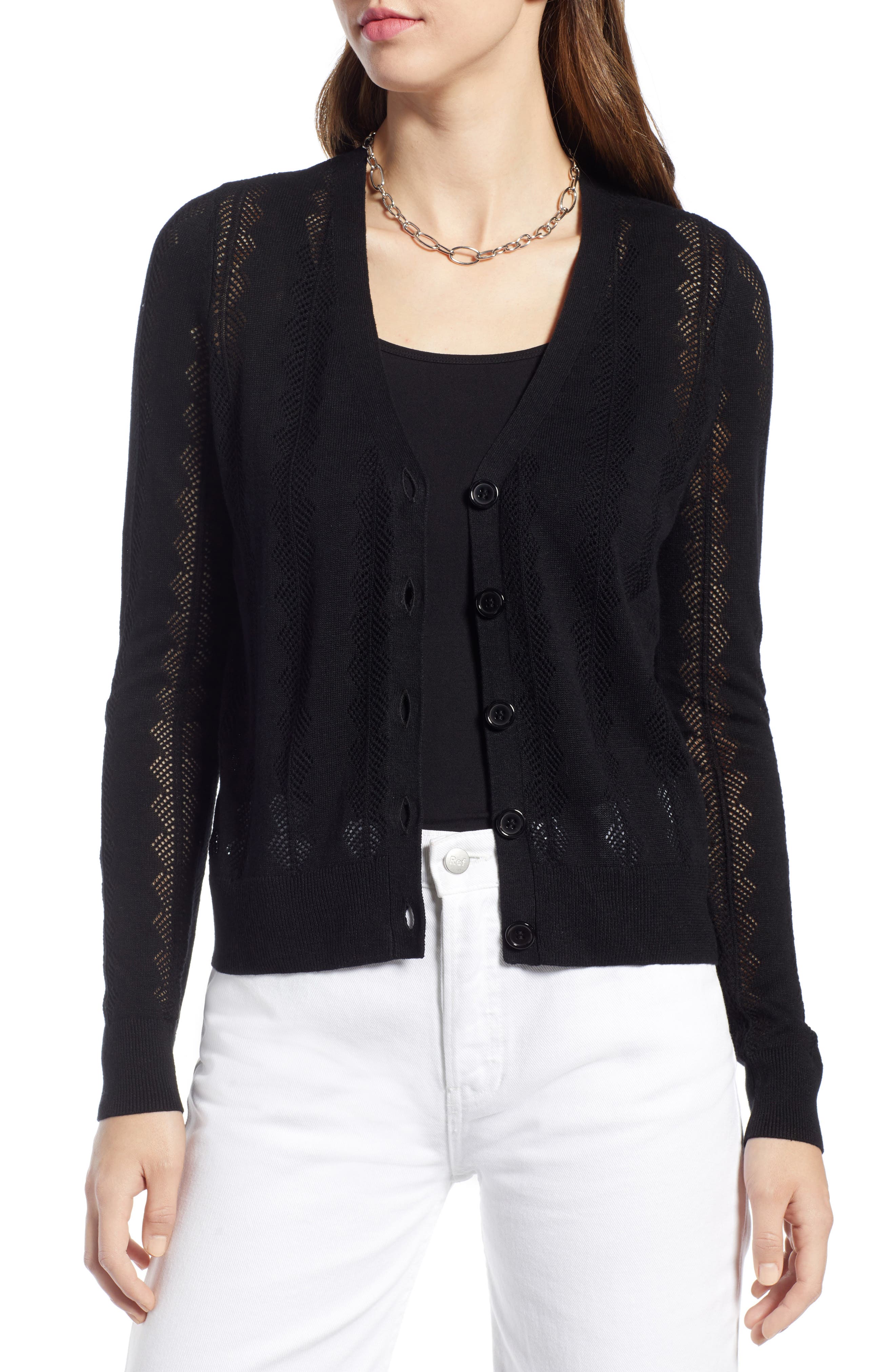 Petite Halogen Pointelle Cardigan, Black