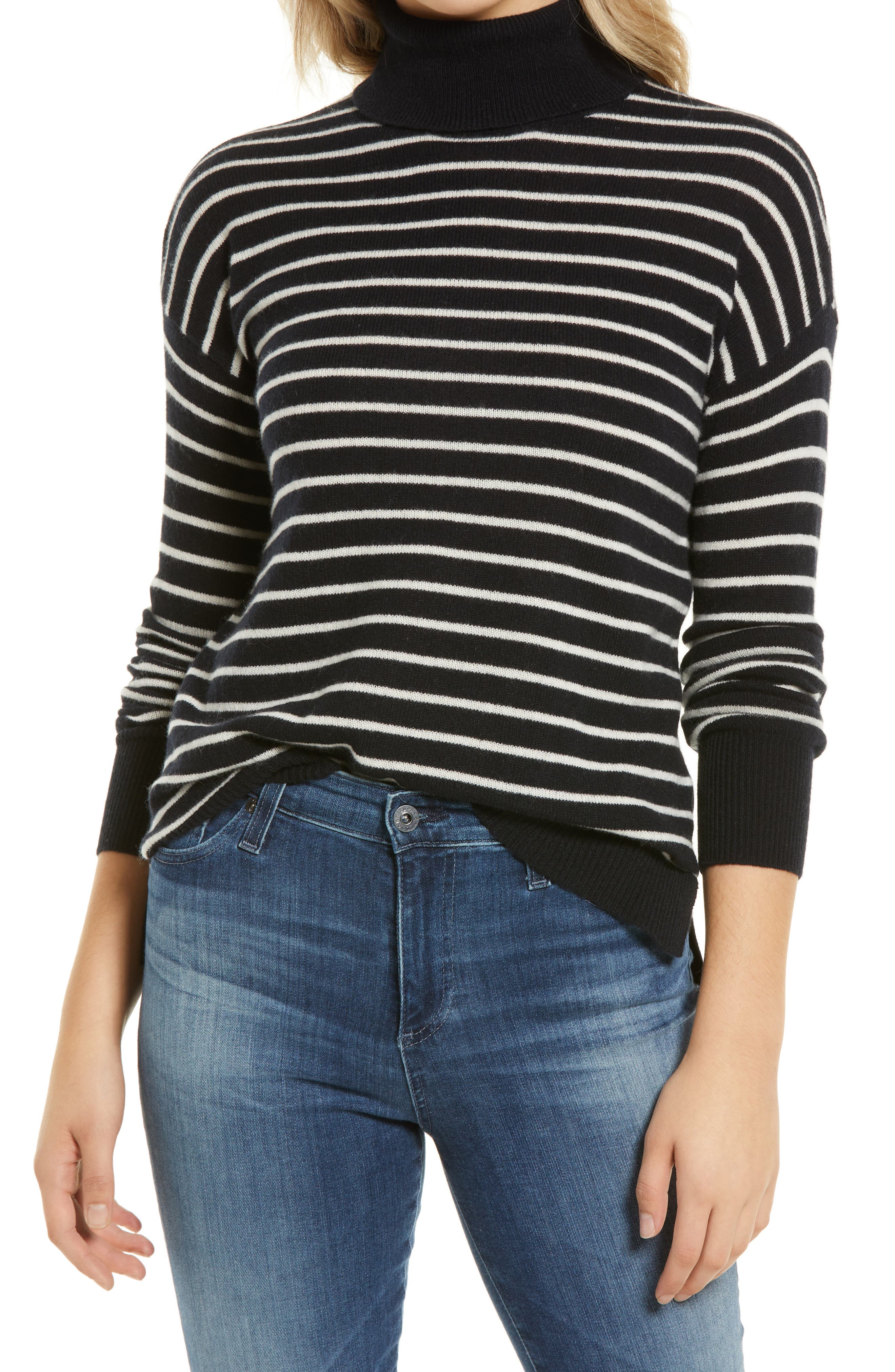 striped black and white turtleneck