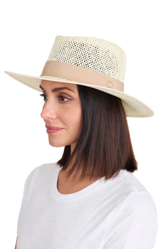 Shop Bruno Magli Open Straw Weave Ribbon Band Fedora Sun Hat In Natural With Light Pink