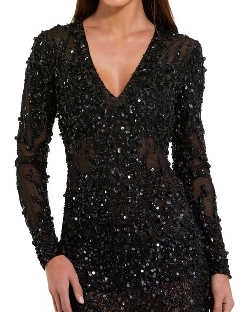 Mac Duggal Long Sleeve Sheer Embellished Mini Dress In Black