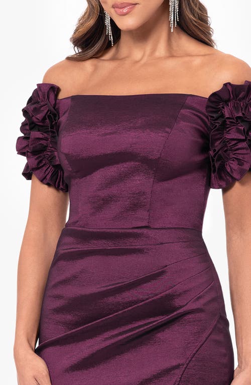 Xscape Evenings Off The Shoulder Taffeta Sheath Gown In Wine
