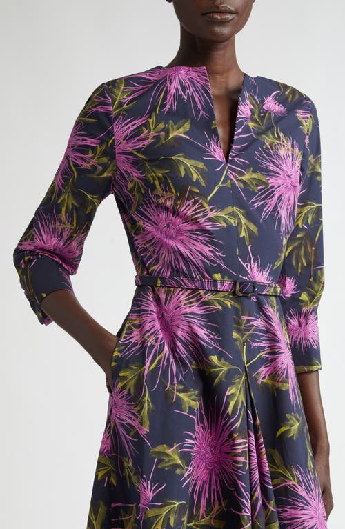 Shop Oscar De La Renta Floral Belted Split Neck Stretch Cotton Dress In Purple/navy