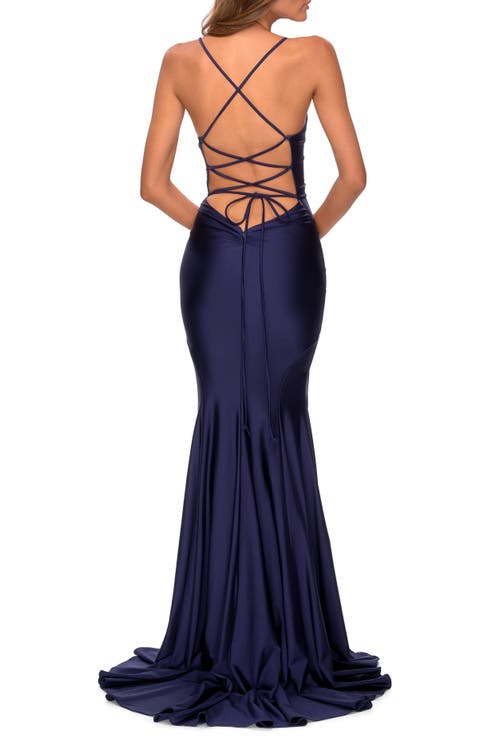 Shop La Femme Form Fitting Jersey Prom Dress With Draped Neckline In Navy