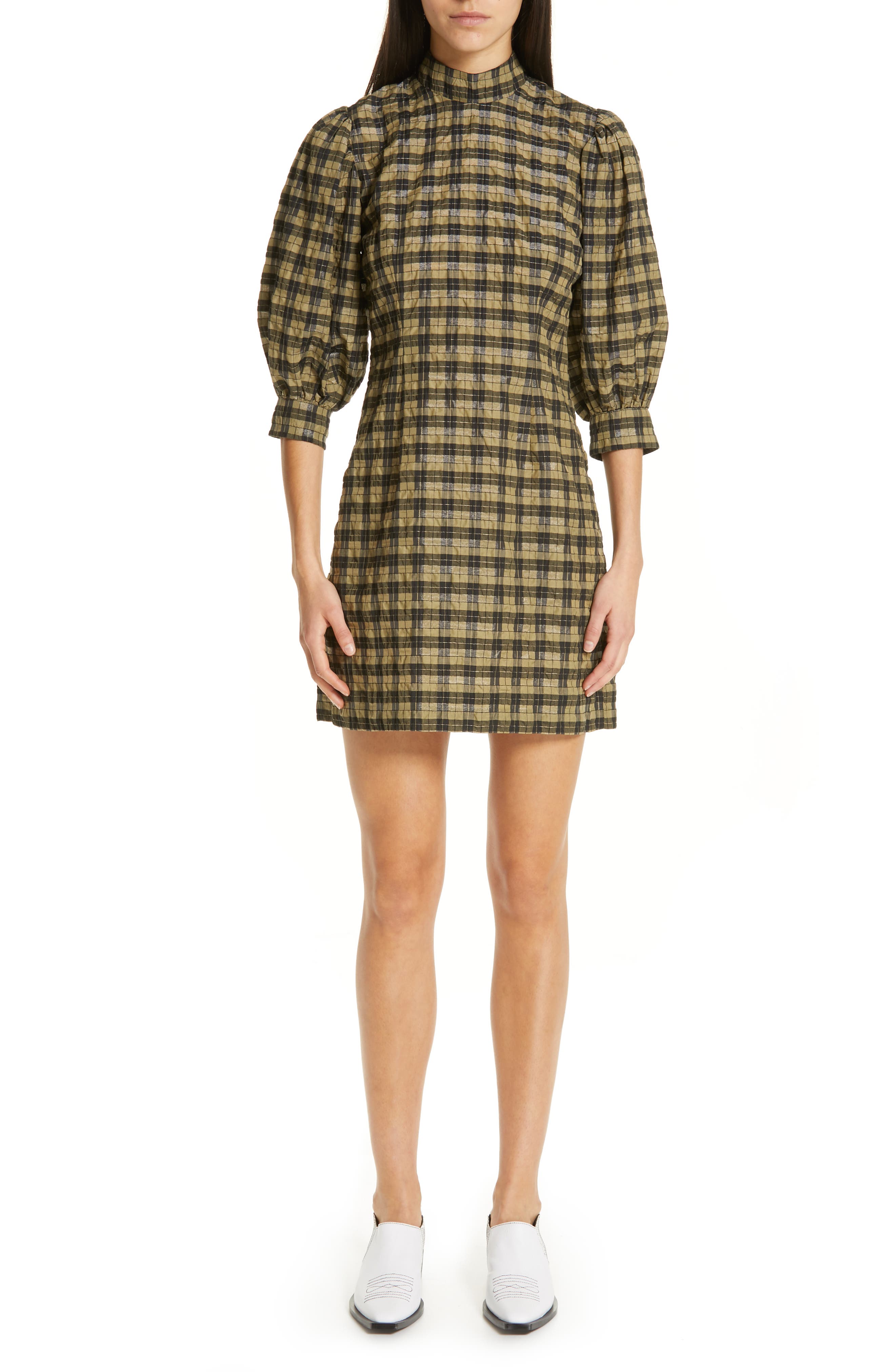 Ganni Seersucker Check Minidress, Green