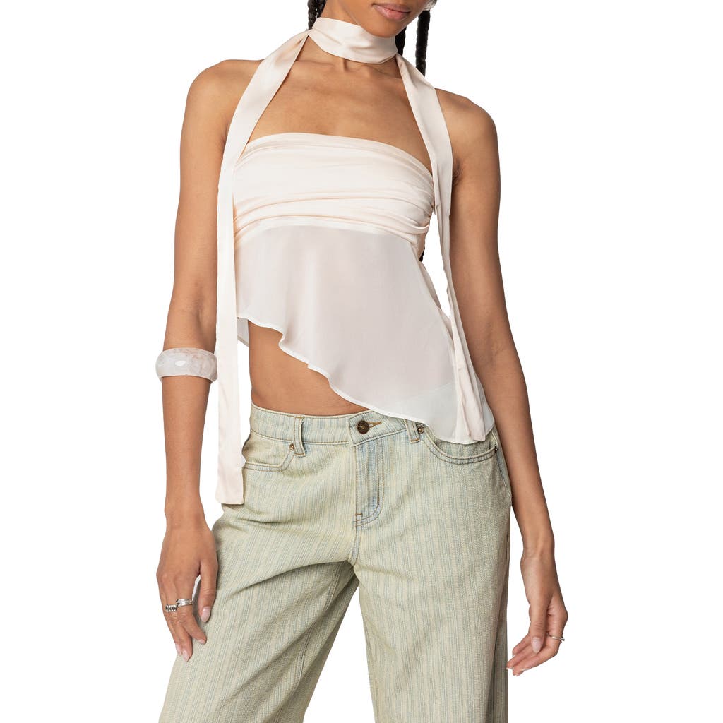 Shop Edikted Asymmetric Satin Tube Top & Scarf Set In Cream