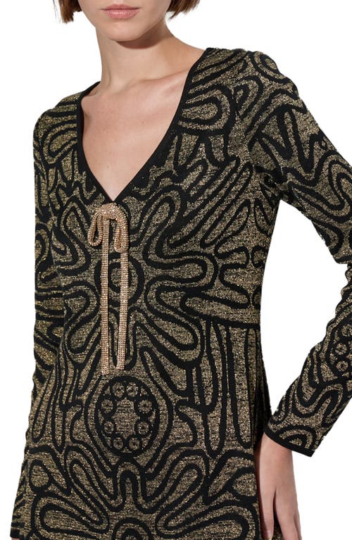 Shop Ming Wang Metallic Swirl Long Sleeve Maxi Dress In Black/gold