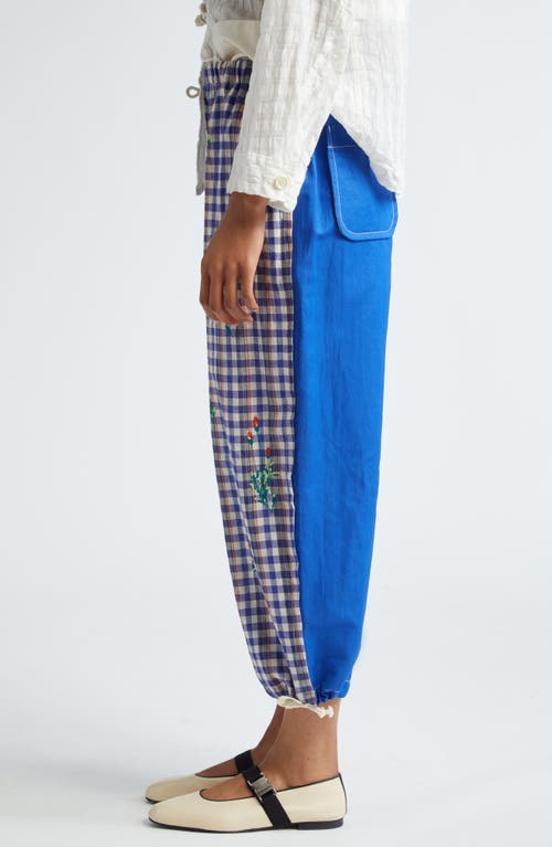 Shop Tao Comme Des Garçons Check Floral Embroidered Cotton Twill Pants In Blue/orange X Blue