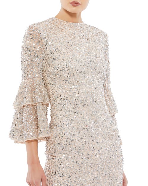 Mac Duggal Tiered Ruffle-sleeve Sequin Midi Dress In Nude