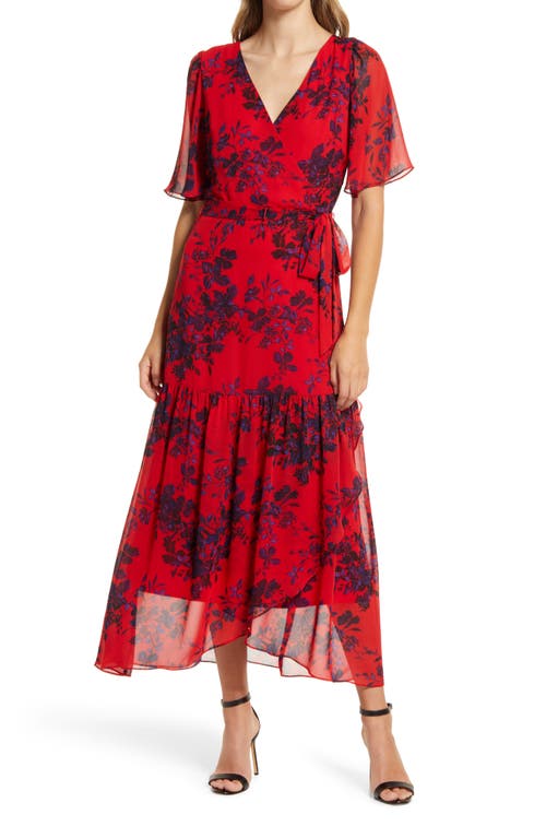 Floral Faux Wrap Flutter Sleeve Dress in Red Multi