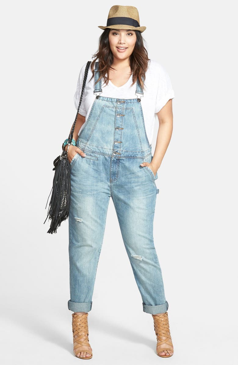 Sejour Jersey V-Neck Tee & City Chic Button Front Distressed Overalls ...