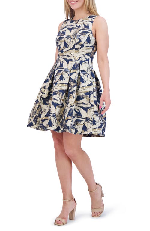 Vince Camuto Metallic Abstract Print Jacquard Fit & Flare Dress In Navy