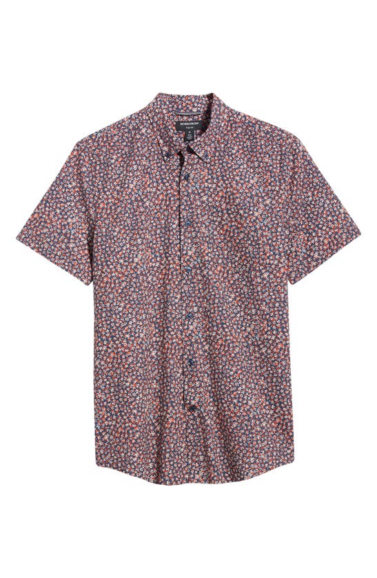 Shop Nordstrom Trim Fit Floral Short Sleeve Stretch Cotton & Linen Button-down Shirt In Navy- Red Floral Contrast