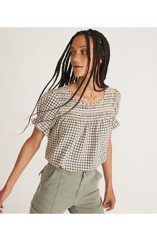Marine Layer Elena Windowpane Plaid Smocked Yoke Top In Parchment/black Windowpane