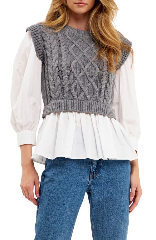English Factory Mixed Media Cable Detail Sweater In Heather Grey/white