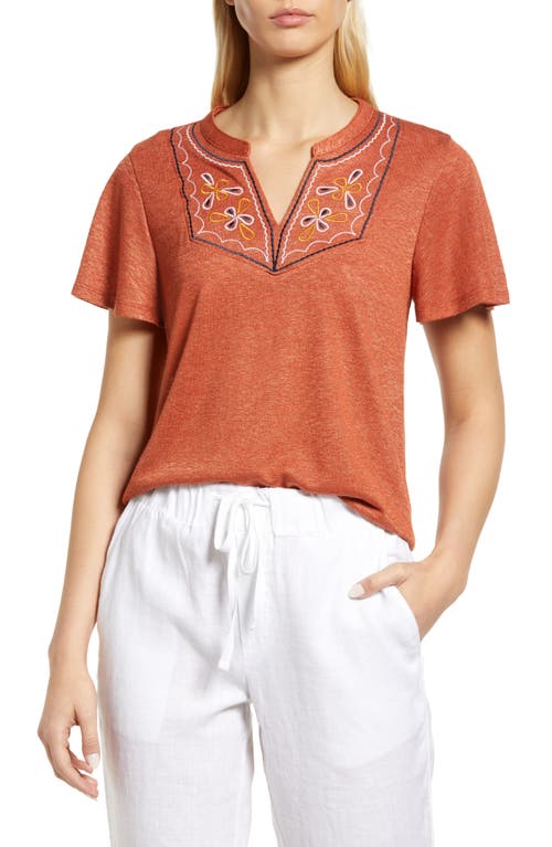 Bobeau Floral Embroidery Split Neck Top in Baked Clay