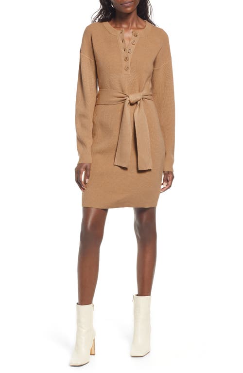 Charles Henry Belted Henley Long Sleeve Sweater Dress in Camel