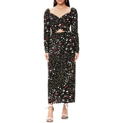 Afrm Floral Print Double Knot Cutout Long Sleeve Maxi Dress, Black