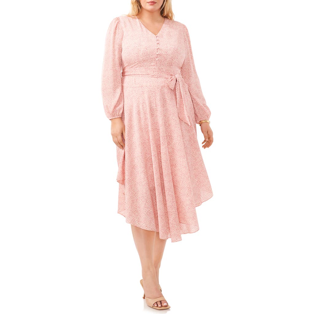 Vince Camuto Floral Long Sleeve Handkerchief Hem Midi Dress In Pink Orchid