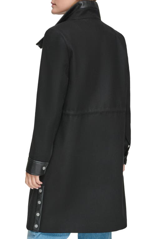 Shop Andrew Marc Feather Leather Trim Wool Blend Coat In Black