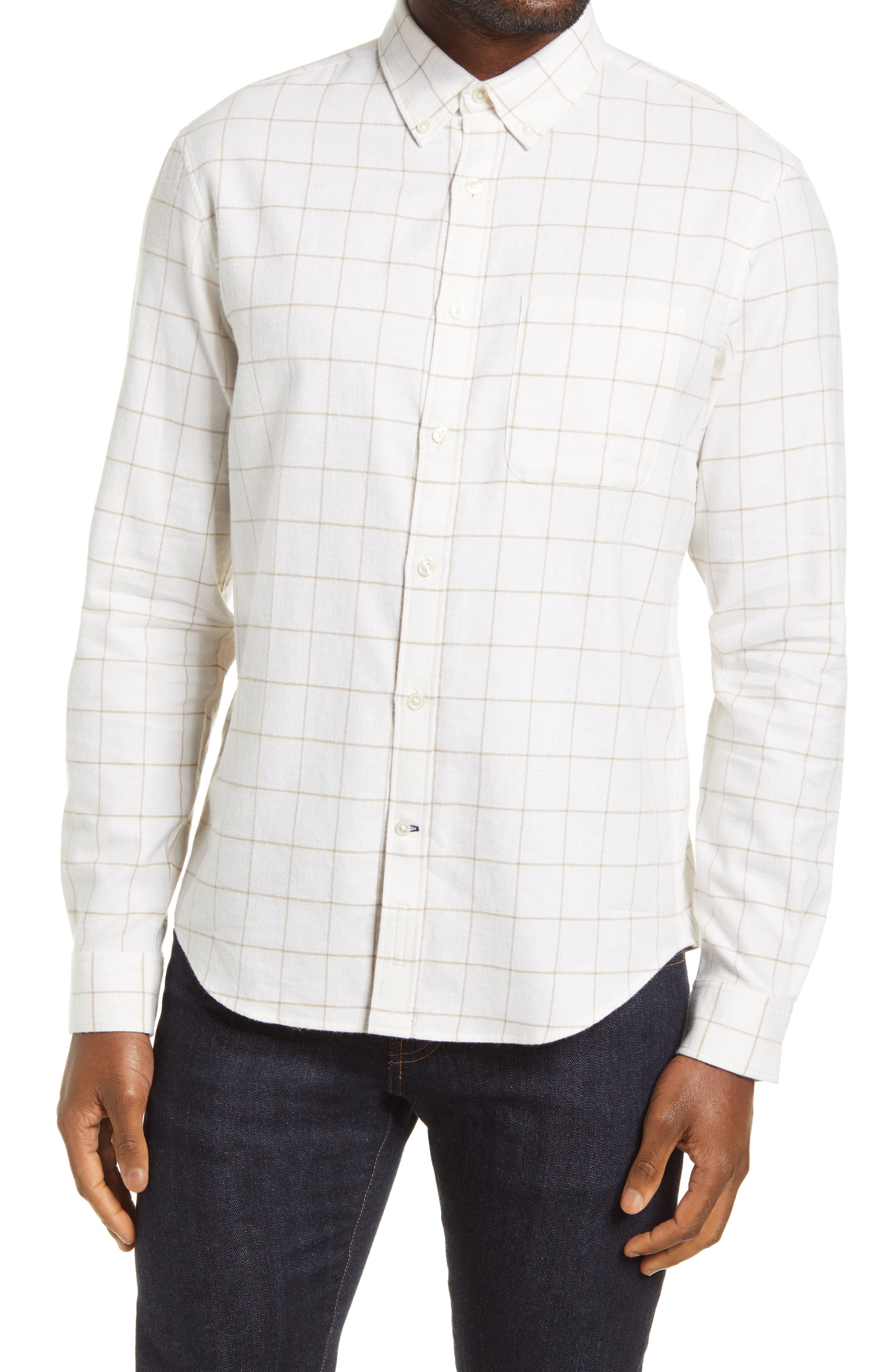 Club Monaco Slim Fit Men's Windowpane Button-down Flannel Shirt In Ivory