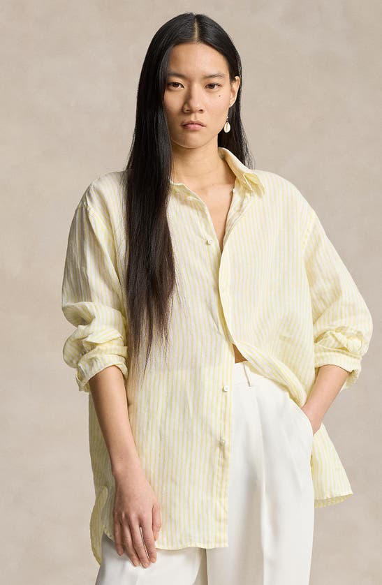 Shop Polo Ralph Lauren Oversize Stripe Linen Button-down Shirt In Coastal Yellow/ White