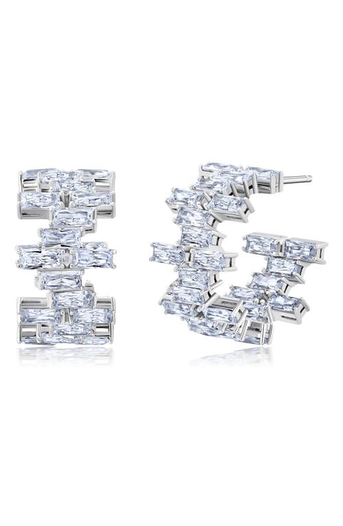 Baguette Cut Cubic Zirconia Huggie Hoop Earrings in Platinum