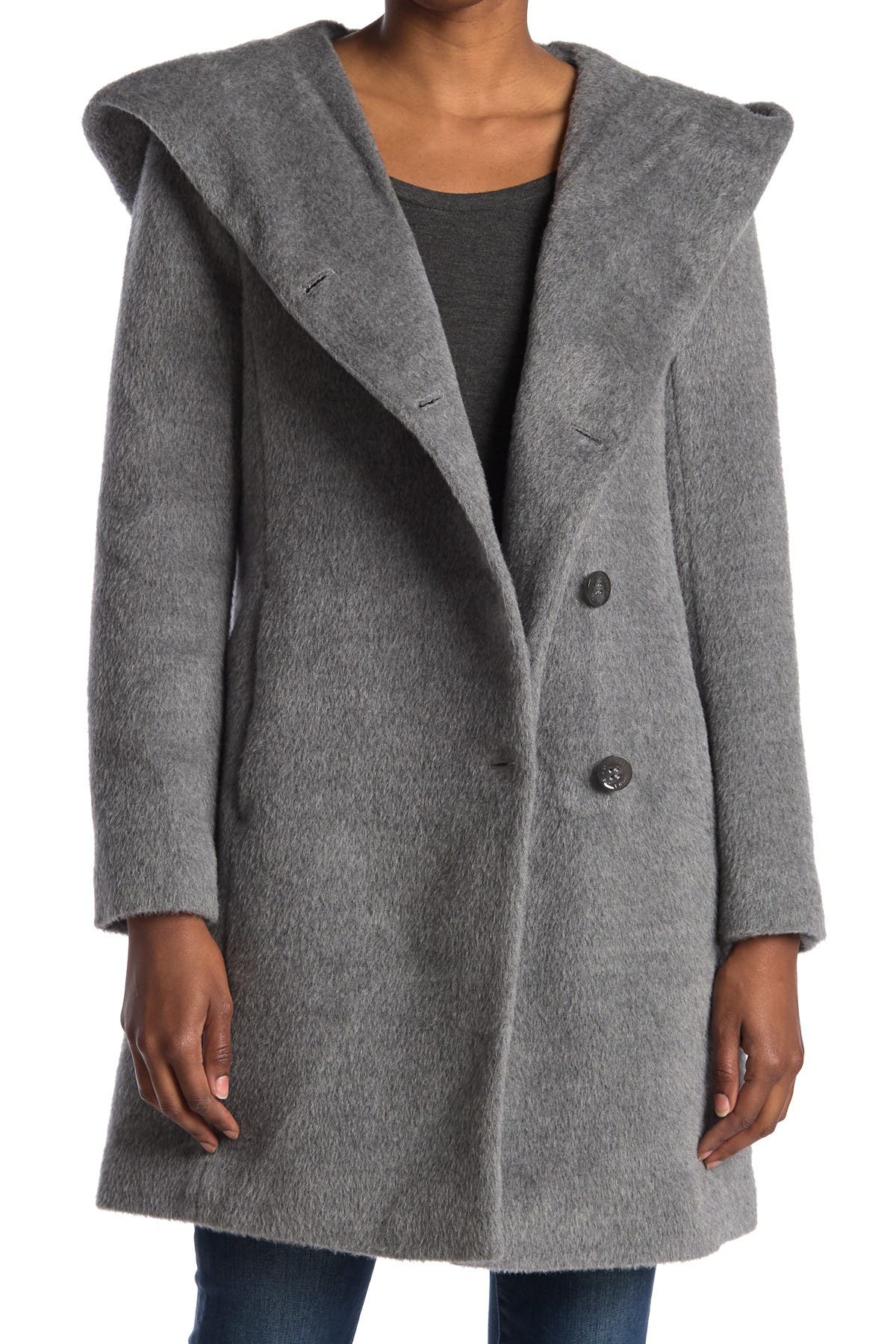 Cole Haan Wool Blend Hooded Coat In Grey