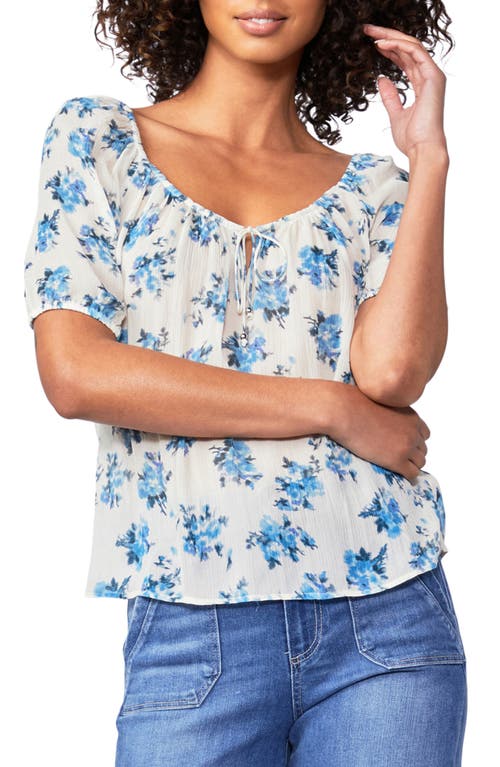 PAIGE Franciska Floral Print Silk Top in Nude Cream/Bluebell