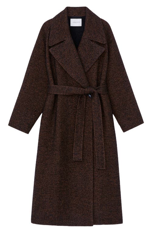 Shop Lafayette 148 New York Wide Lapel Alpaca & Wool Blend Herringbone Wrap Coat In Black/brown Multi