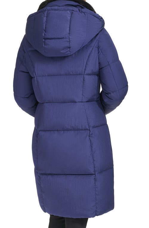 Shop Cole Haan Channel Quilted Shimmer Nylon Puffer Coat With Removable Hood In Navy