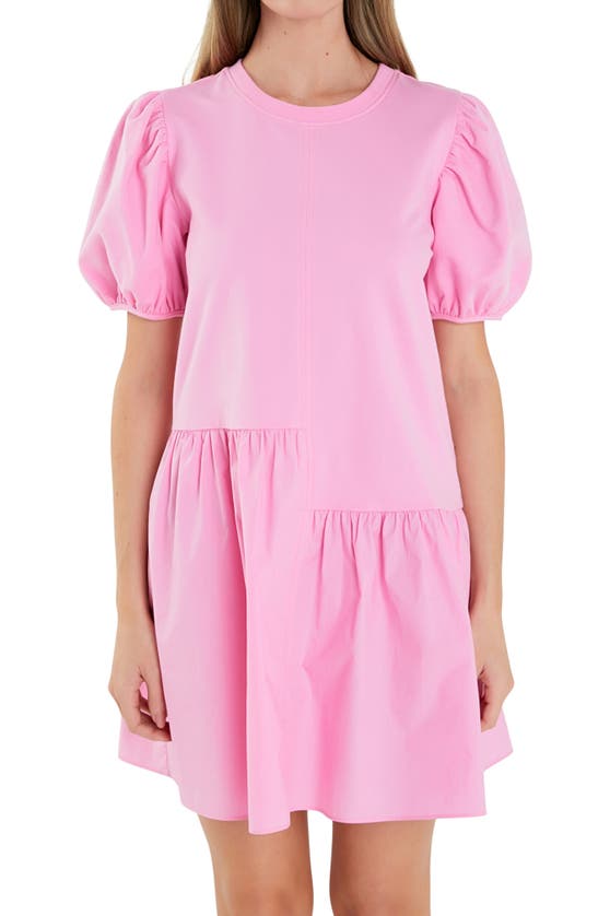 Shop English Factory Puff Shoulder Mixed Media Minidress In Bubblegum Pink