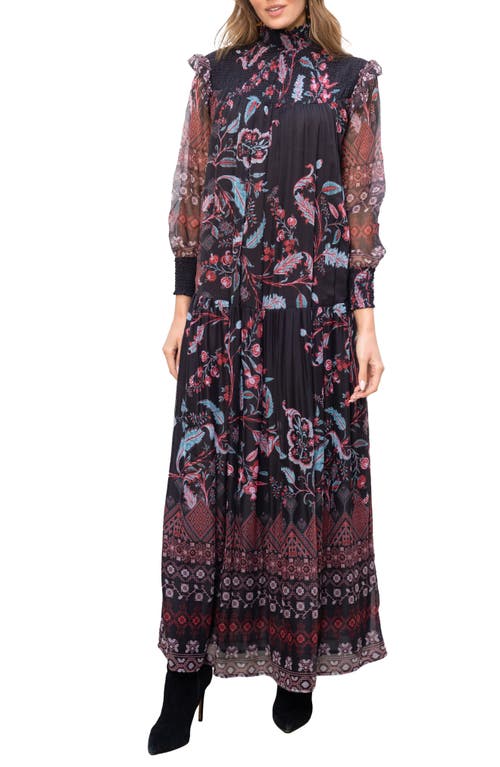 BAROK PARIS Paisley Smocked Trim Maxi Dress in Black