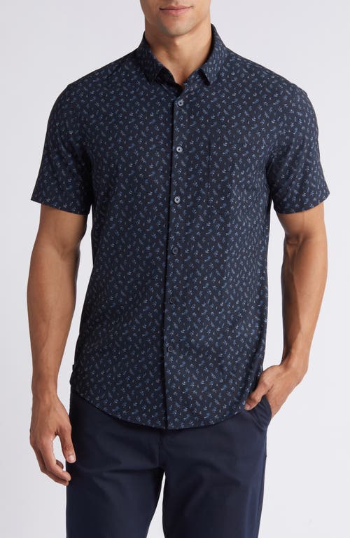 Shop Mizzen + Main Mizzen+main Leeward Trim Fit Leaf Print Short Sleeve Performance Button-up Shirt In Navy Multi Leaf