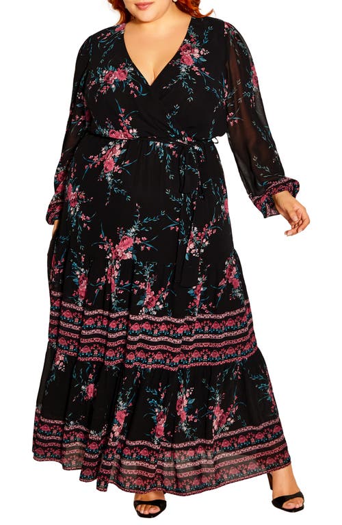 City Chic Pippa Floral Long Sleeve V-Neck Maxi Dress in Black Whimsical Bord
