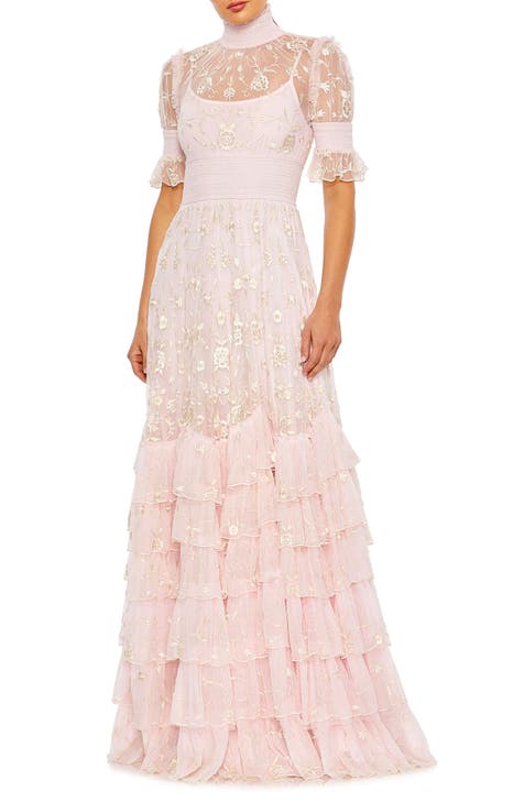 Floral Embroidered Tiered Ruffle Gown