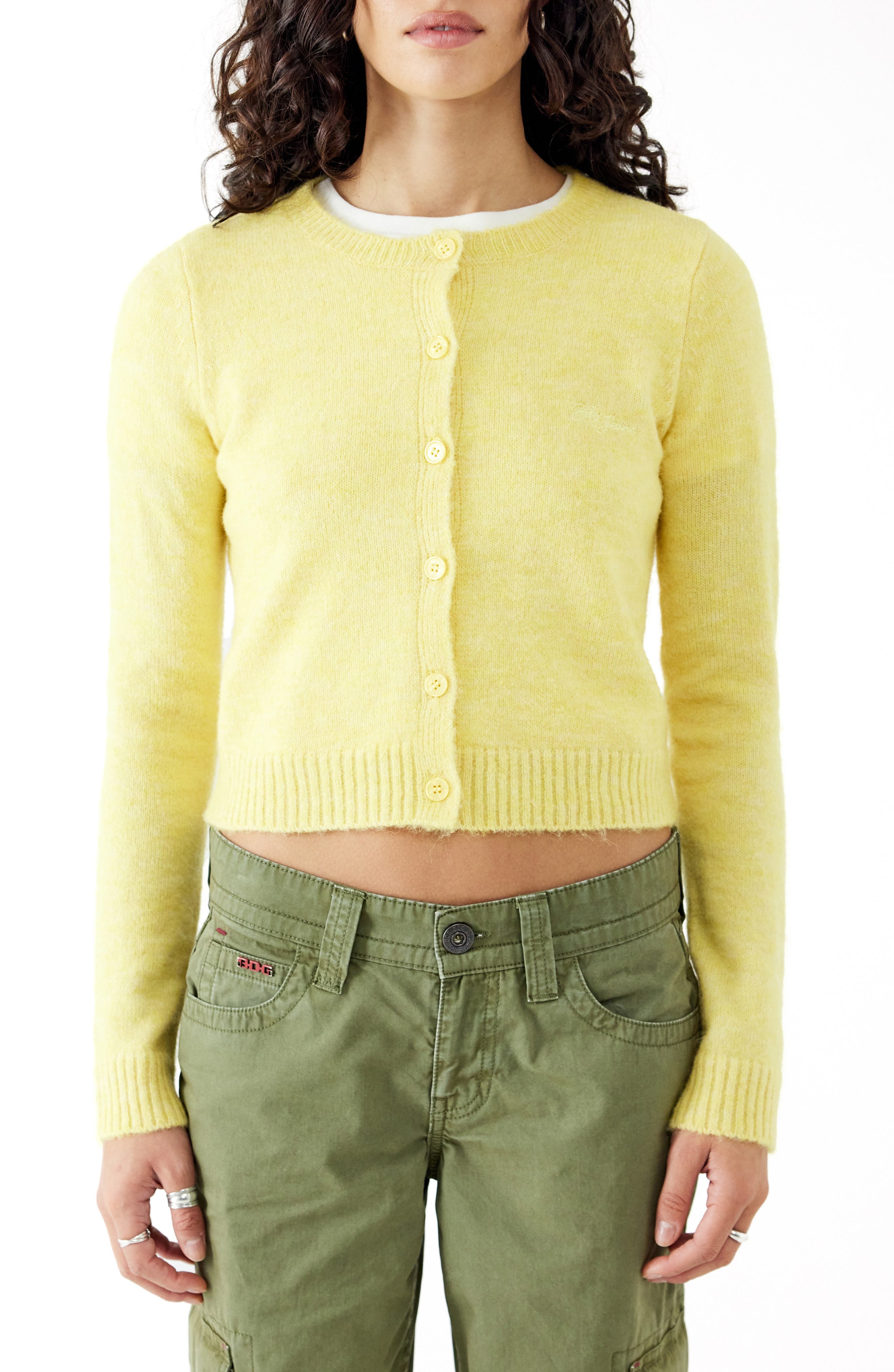 BDG Urban Outfitters Cozy Crewneck Cardigan in Yellow 