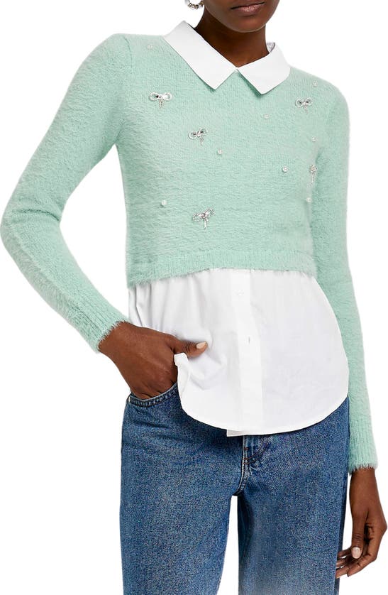 RIVER ISLAND HYBRID EMBELLISHED CROP SWEATER & BUTTON-UP SHIRT