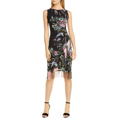 Fuzzi Fringe Trim Floral Print Mesh Faux Wrap Dress, Black