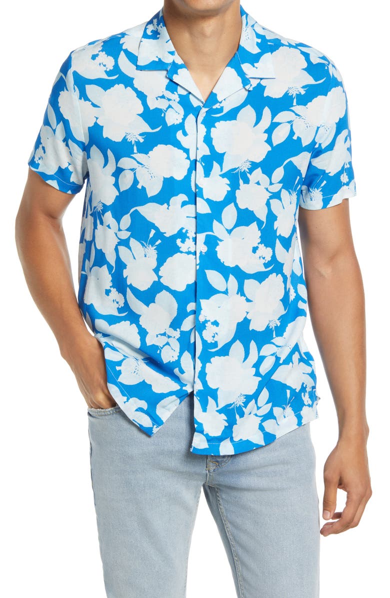 TOPMAN Floral Short Sleeve Button-Up Camp Shirt, Main, color, BLUE