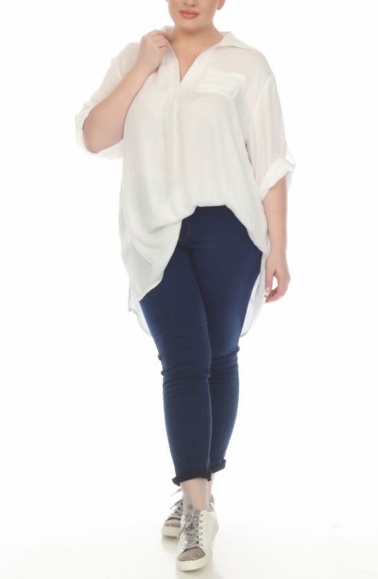 Boho Me Roll Sleeve Button-up Tunic Shirt In White