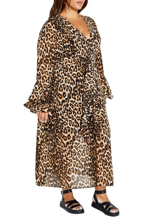 Shop City Chic Print Tie Waist Long Sleeve Maxi Dress In Luxe Animal