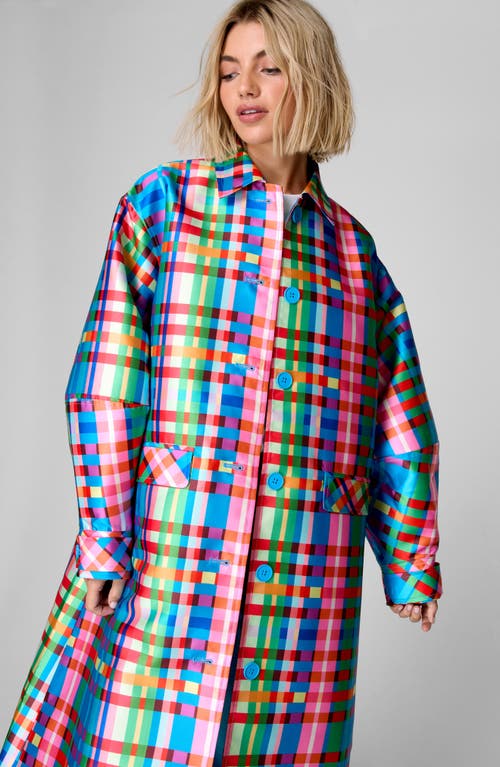 Shop Nasty Gal Check Longline Satin Coat In Blue Multi