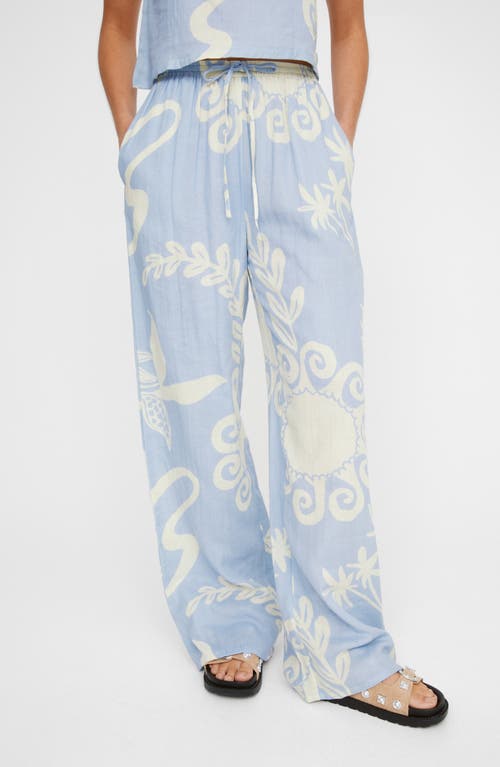 Nasty Gal Print Straight Leg Cotton Drawstring Pants In Blue