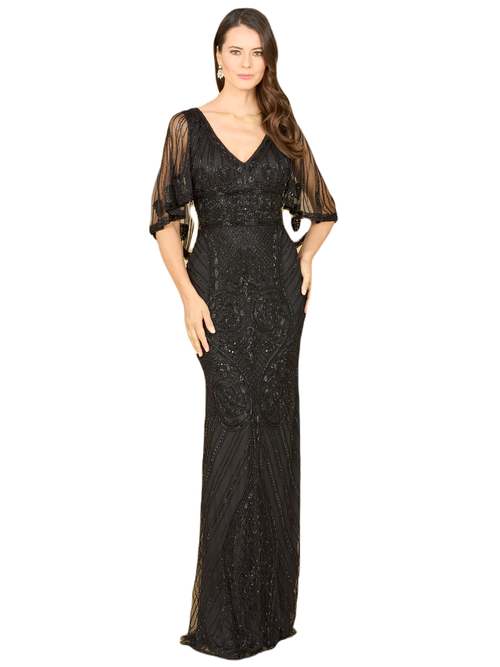 Shop Lara New York Cape Sleeve V-neck Beaded Gown In Black