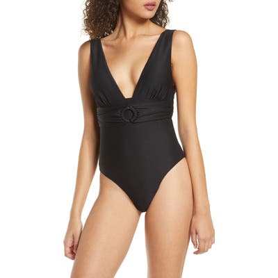 Chelsea28 Belted Textured One-Piece Swimsuit, Black