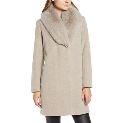 Fleurette Genuine Fox Fur Collar Wool Coat, Grey