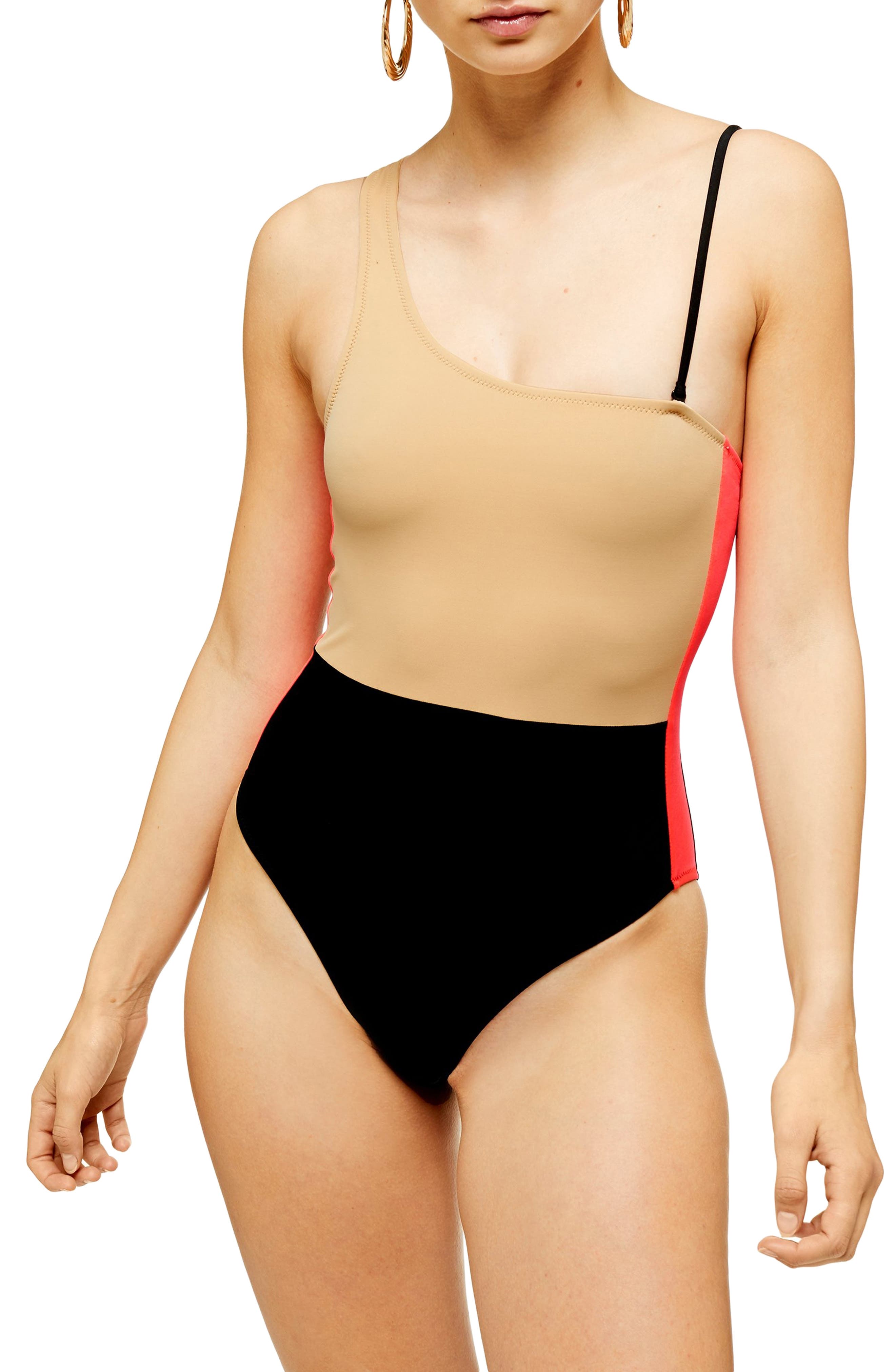 Topshop Colorblock One-Shoulder Swimsuit, US (fits like 6-8) - Black