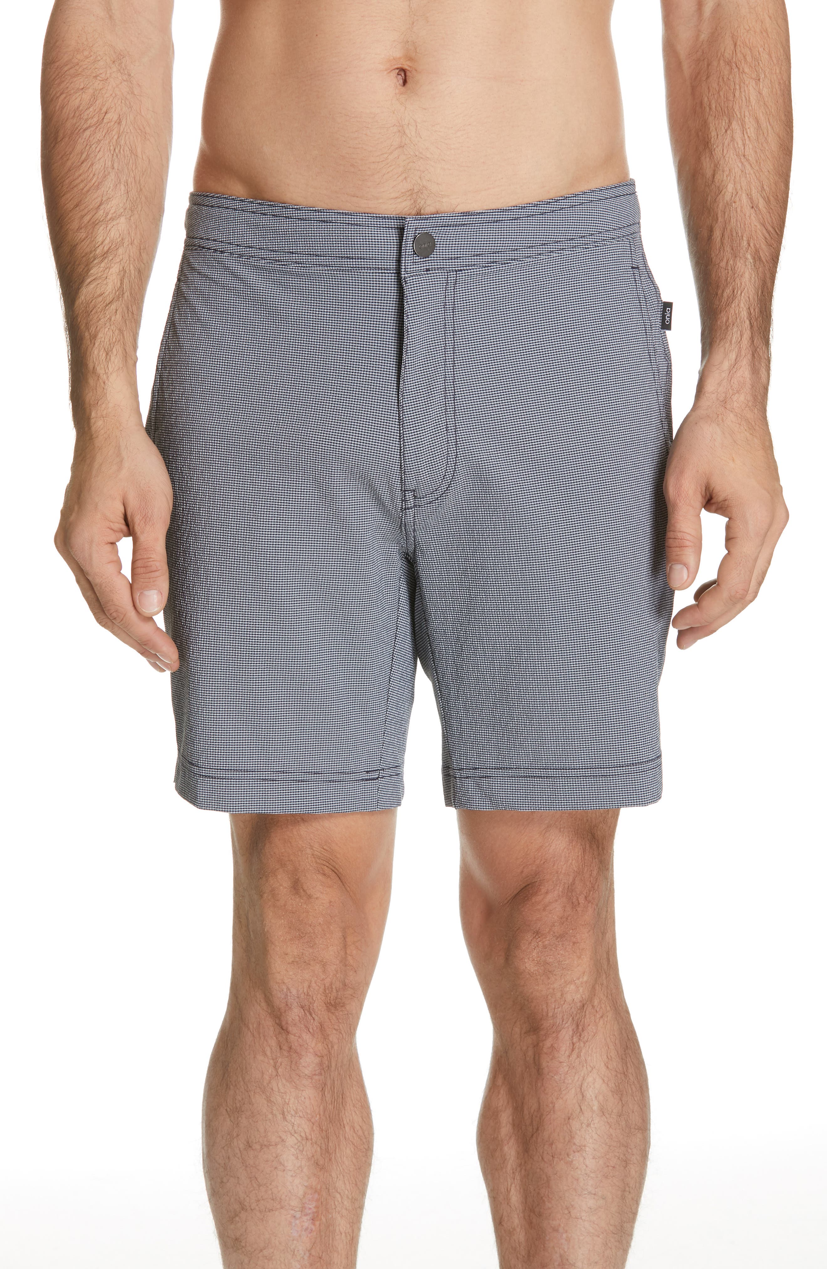 Onia Calder Gingham Swim Trunks, Blue